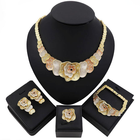 Beautiful Bold Design 4 Pieces 2 Tones Mix Cubic Zirconia Bridal Party Necklace Jewelry Set