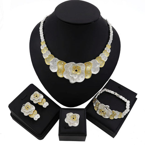 Beautiful Bold Design 4 Pieces 2 Tones Mix Cubic Zirconia Bridal Party Necklace Jewelry Set