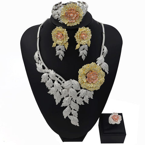 Detailed Beautiful Design 4 Pieces 3 Colour Mix Cubic Zirconia Bridal Wedding Necklace Jewelry Set