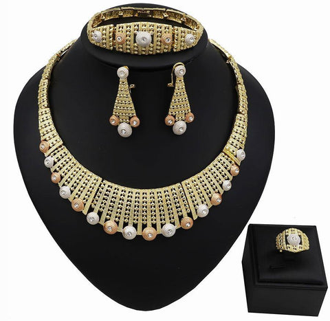 Gold Silver Mixed Colour Design Mix Cubic Zirconia Celebrant Party Necklace Jewelry Set - PrestigeApplause Jewels 