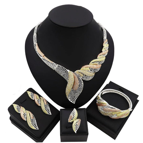 3 Tones Mixed Colour Elongated Design Mix Cubic Zirconia Party Necklace Jewelry Set - PrestigeApplause Jewels 