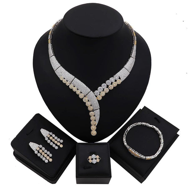 Bold Gold Silver Mixed Tone Cubic Zirconia American Diamond Party Necklace Jewelry Set