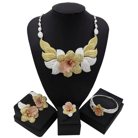 Bold Detailed 3 Tones Flowey New Design Cubic Zirconia Party Necklace Jewelry Set