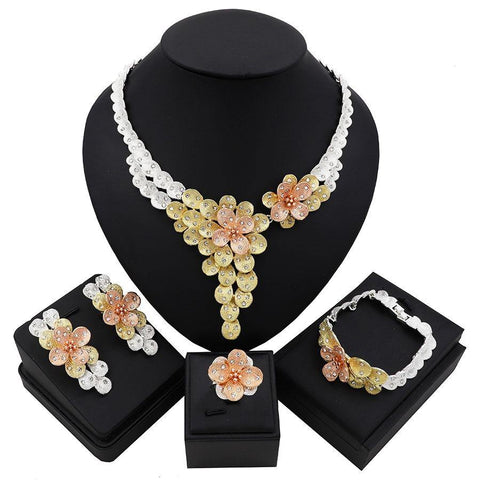 Bold Detailed 3 Tones Flowey New Design Cubic Zirconia Party Necklace Jewelry Set