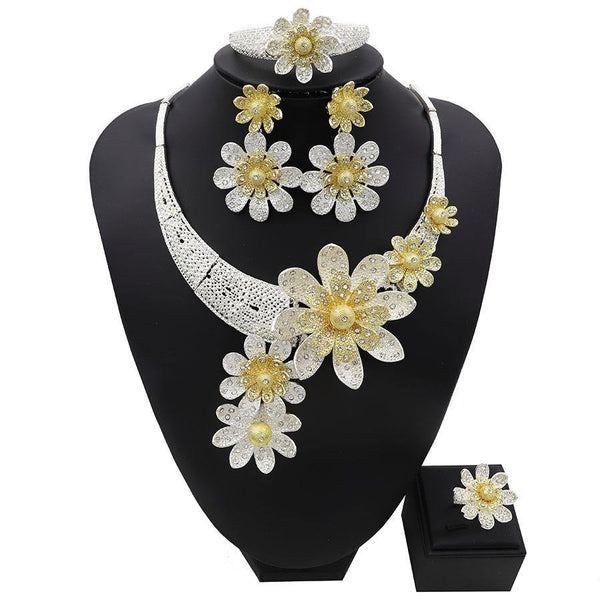 Silver Gold Elegant Detailed Petal Bridal Celebrant Necklace Earring Jewellery Set