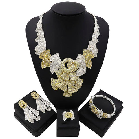 Beautiful Detailed Gold Silver Mixed Tones Zirconia Necklace Earring Jewellery Set - PrestigeApplause Jewels 