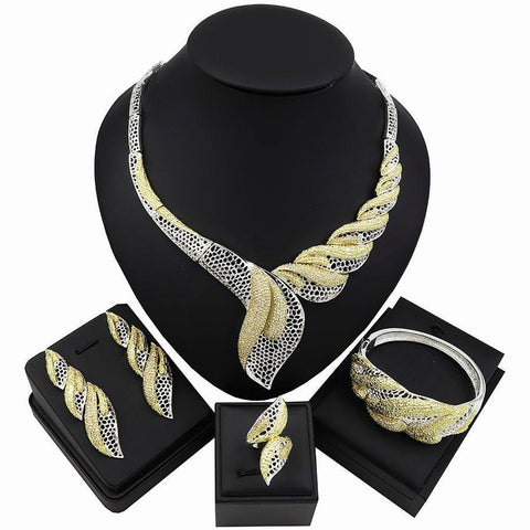 Silver Gold 2 Tones Mixed Colour Elongated Design Mix Cubic Zirconia Party Necklace Jewelry Set - PrestigeApplause Jewels 