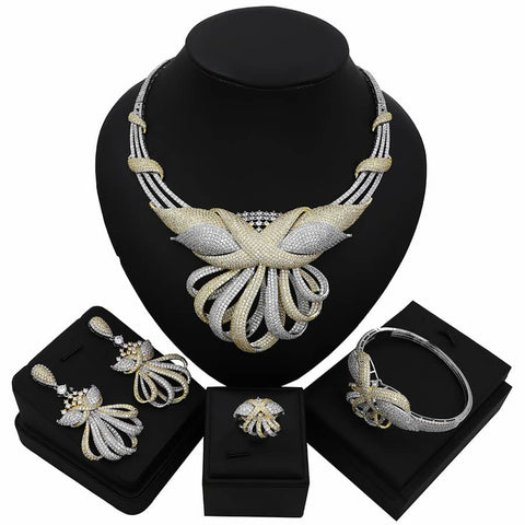 BRIDE TALK Elegant Cubic Zircon 4 Pcs Necklace Bangle Earrings Ring Sets Gold Jewelry Design