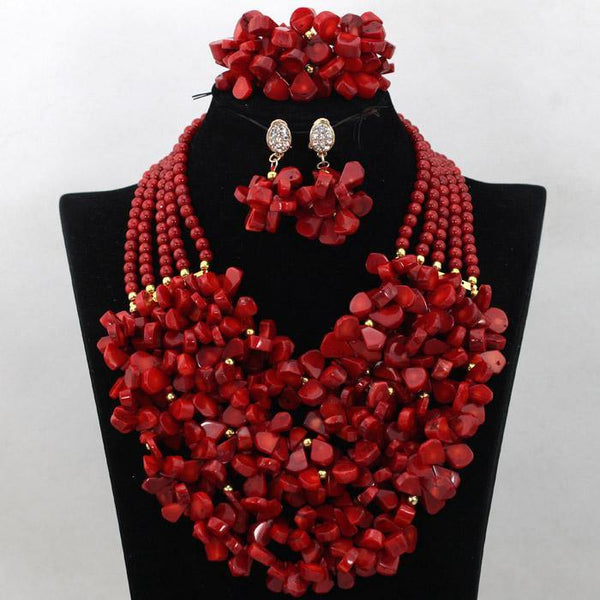 5 Layers Chunky Full Nigerian Wedding Beads Jewelry Set Red African Beads Jewelry Coral Beads Necklace Sets Free Shipping - PrestigeApplause Jewels 