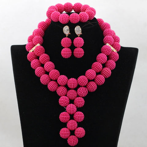 Pink 2 layers ball African beads with Gold balls Jewellery Set Wedding Party Set