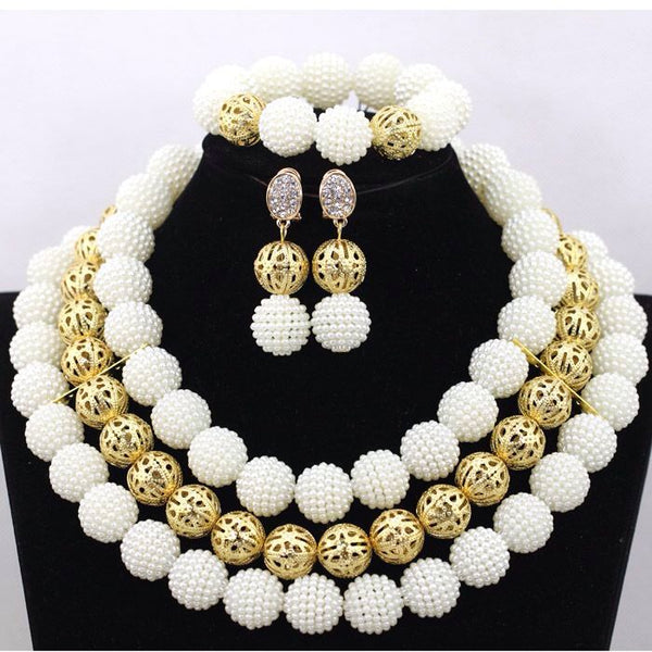 White Beads with Gold Balls 3 Layer Wedding Bridal Party African Beads Jewelry Set