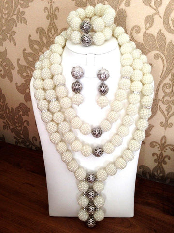 3 Layers White Cream with Silver Balls African Nigerian Beads Necklace Jewellery Set