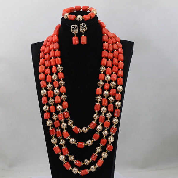 Elegant Traditional Coral with Gold balls Design African Beads Bridal Wedding Party Jewelry Set
