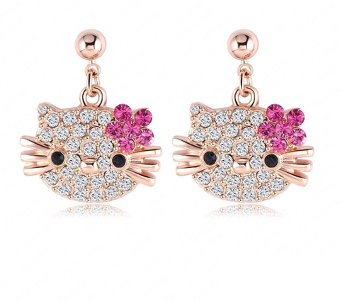 beautiful cat stud earrings for girls flower 18k rose gold plated Pink - PrestigeApplause Jewels 