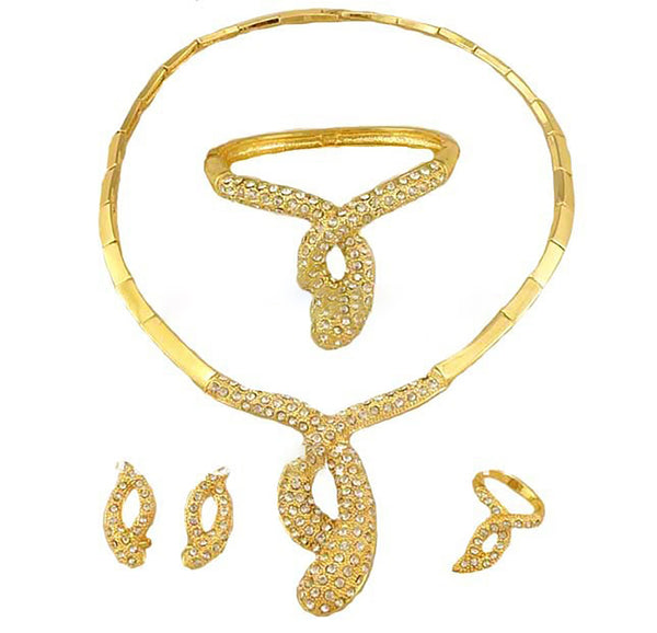 Lovely Designed Gold Plated with Detail Rhinestone Necklace Earring Bangle Jewelry Set