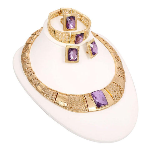 African gold plated Net with Purple Rhinestone Necklace Earring Bracelet Rings vintage Jewellery Sets