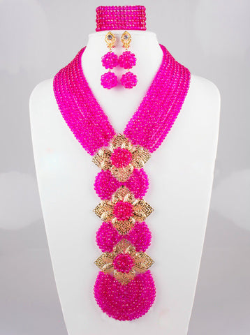 Pink Crystal Beads 8 Layers Nigerian African Wedding Bead Long Jewelry Set