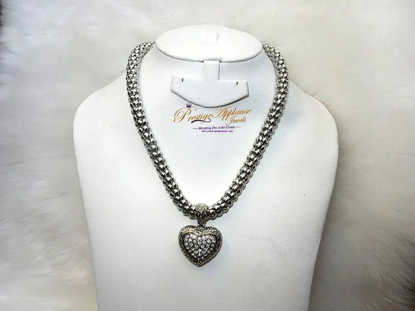 Silver Bold Crystal Love Heart Pendant Necklace With Silver Broad Chain Jewellery - PrestigeApplause Jewels 