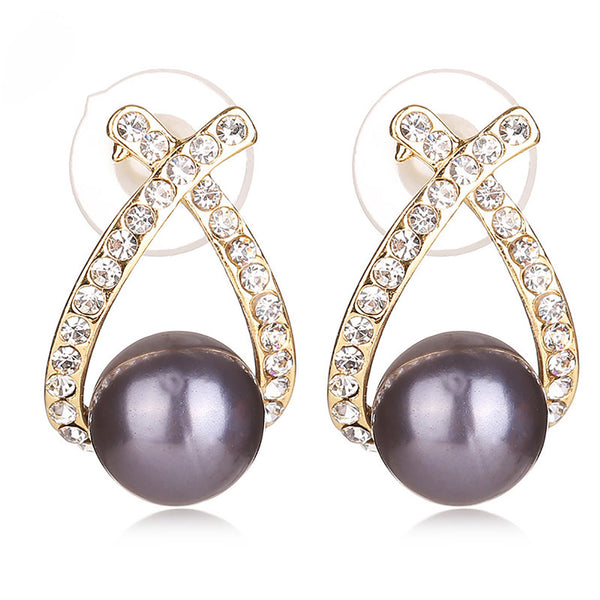 Grey Simulated Silver Pearl Earrings Bridal Crystal 18K Gold Plated Rhinestone Intersect Earring