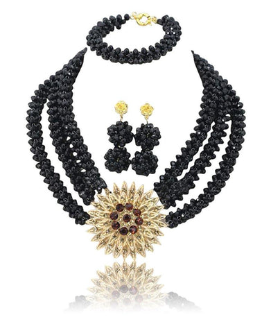 3 Layer Black African Nigerian Party  Necklace Jewellery Set - PrestigeApplause Jewels 