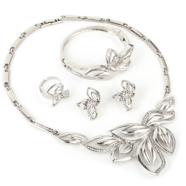 Flower Rhinestone Design Fashion Silver Costume Jewelry Necklace Earring Bracelet Set