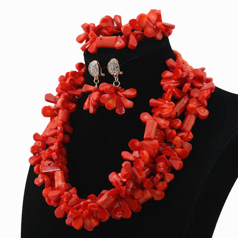 Nigerian Traditional Coral African Beads Necklace Jewellery Set