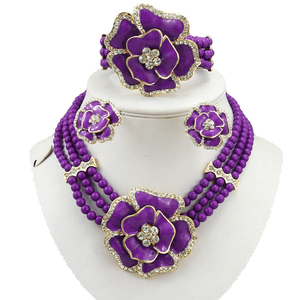 Purple 3 Layer Blue Beads Jewellery Set with Brooch Pendant Necklace Earring Bracelet & Ring Beautiful Design Set