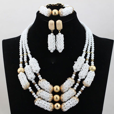 White Crystal Beads with Gold Embelishment African Beads Jewelry Set