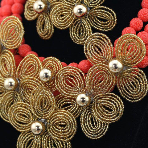 African Nigerian Coral Beads with Detailed Handmade Flower Brooch Jewellery Set Free Shipping - PrestigeApplause Jewels 