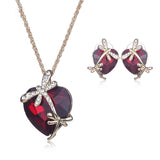 Red Crystal Heart Love Gold Plated Necklace Earring Jewellery Set