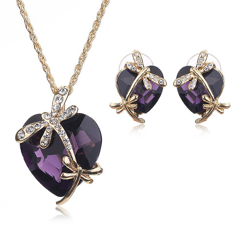 Purple Crystal Heart Love Gold Plated Necklace Earring Jewellery Set