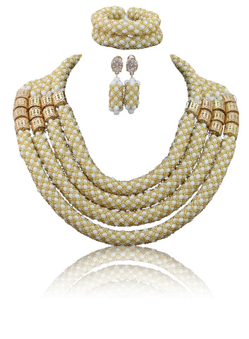 White with Gold Big Braid Crystal Beads Necklace Set Nigerian Wedding African Beads Jewelry Set